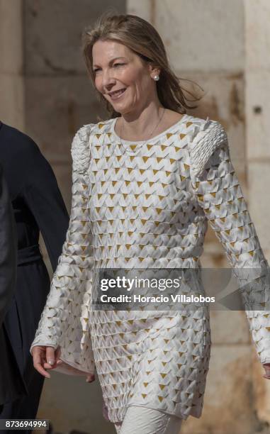 The President of Colombia Juan Manuel Santos Calderon and his wife Maria Clemencia Rodriguez Munera walk out of Jeronimos Monastery on November 13,...