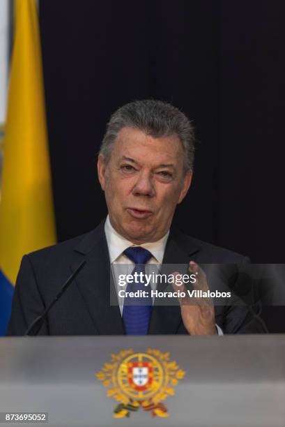 The President of Colombia Juan Manuel Santos Calderon delivers remarks at the end of this meeting with Portuguese President Marcelo Rebelo de Sousa...