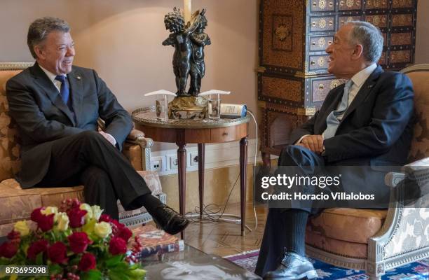 Portuguese President Marcelo Rebelo de Sousa meets with the President of Colombia Juan Manuel Santos Calderon in Belem presidential palace on...
