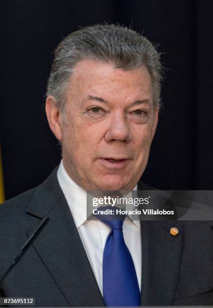 The President of Colombia Juan Manuel Santos Calderon delivers remarks at the end of this meeting with Portuguese President Marcelo Rebelo de Sousa...