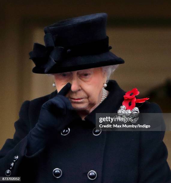 Queen Elizabeth II attends the annual Remembrance Sunday Service at The Cenotaph on November 12, 2017 in London, England. This year marks the first...