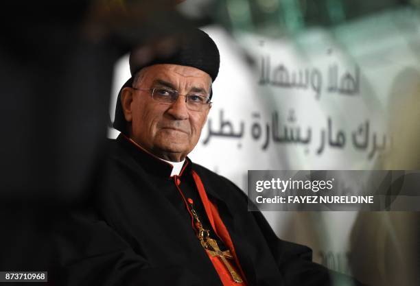 Lebanese Maronite Patriarch Mar Bechara Boutros al-Rahi looks on during a meeting with the Lebanese community living in Saudi Arabia at Lebanon's...