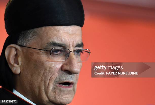 Lebanese Maronite Patriarch Mar Bechara Boutros al-Rahi delivers a speech during a meeting with the Lebanese community living in Saudi Arabia at...