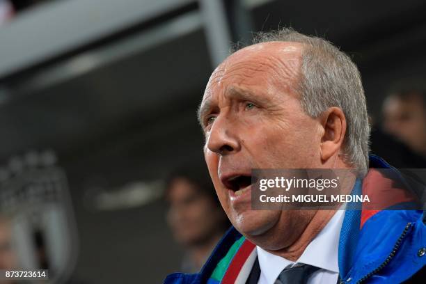 Italy's coach Gian Piero Ventura sings Italy's natioal anthem prior the FIFA World Cup 2018 qualification football match between Italy and Sweden, on...