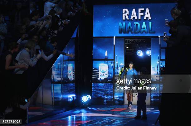 Rafael Nadal of Spain walks out for his Singles match against David Goffin of Belgium during day two of the Nitto ATP World Tour Finals at O2 Arena...