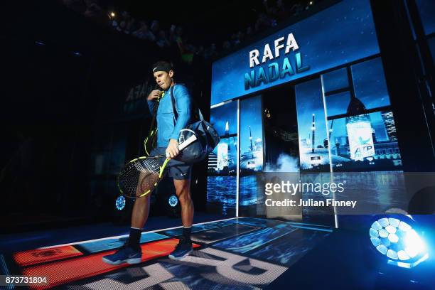 Rafael Nadal of Spain walks out for his Singles match against David Goffin of Belgium during day two of the Nitto ATP World Tour Finals at O2 Arena...