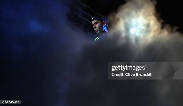 World number one Rafael Nadal of Spain waits backstage to walk out on to the court for his first round robin match against David Goffin of Belgium at...