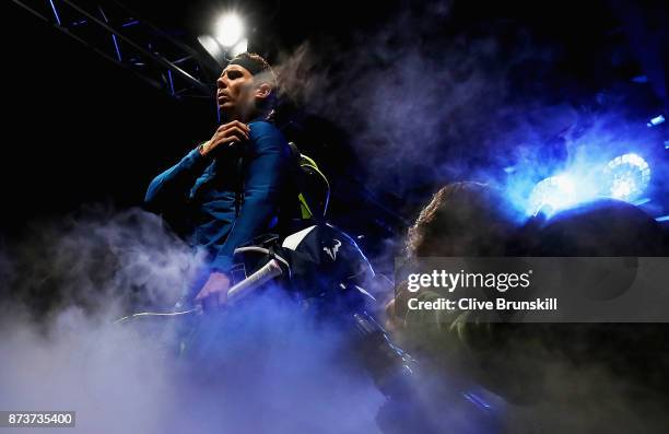 World number one Rafael Nadal of Spain waits backstage to walk out on to the court for his first round robin match against David Goffin of Belgium at...