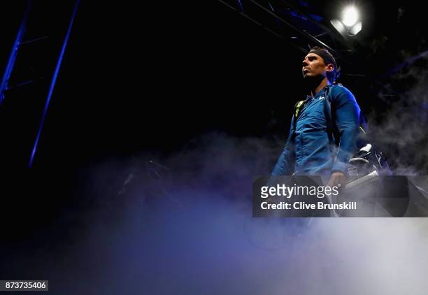 World number one Rafael Nadal of Spain waits backstage to walk out on to the court for his first round robin match against David Goffin of Belgium at...