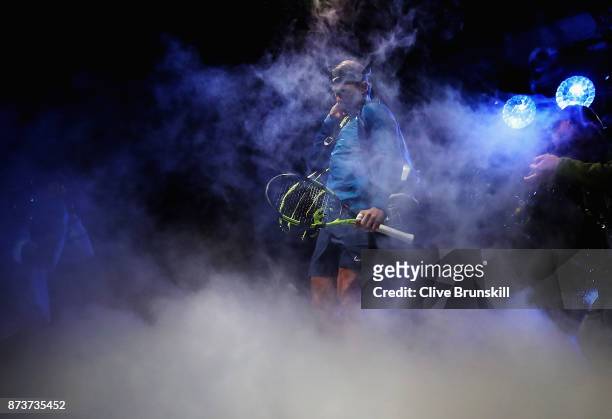 World number one Rafael Nadal of Spain waits backstage to walk out on to the court for his first round robin match against David Goffin of Belgium at...
