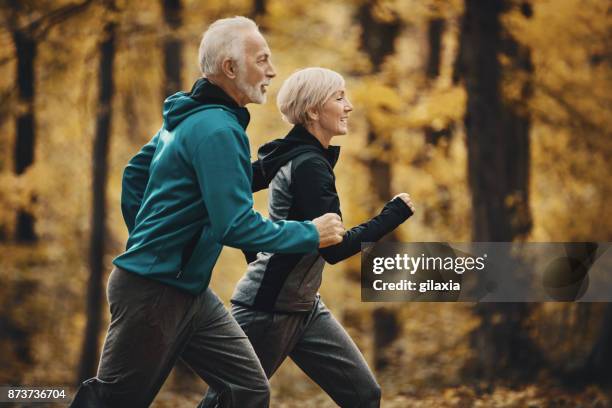 älteres paar im wald joggen. - old woman running stock-fotos und bilder