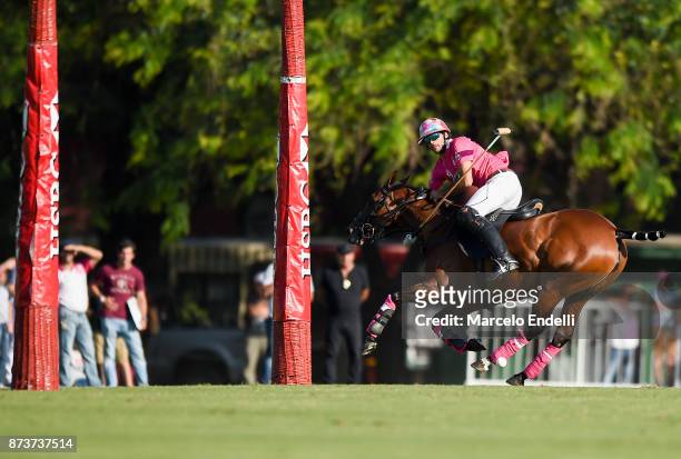 Guillermo Caset of Alegria hits the ball to score during a match between Alegria and Cria Yatay as part of the HSBC 124 Argentina Polo Open at Campo...