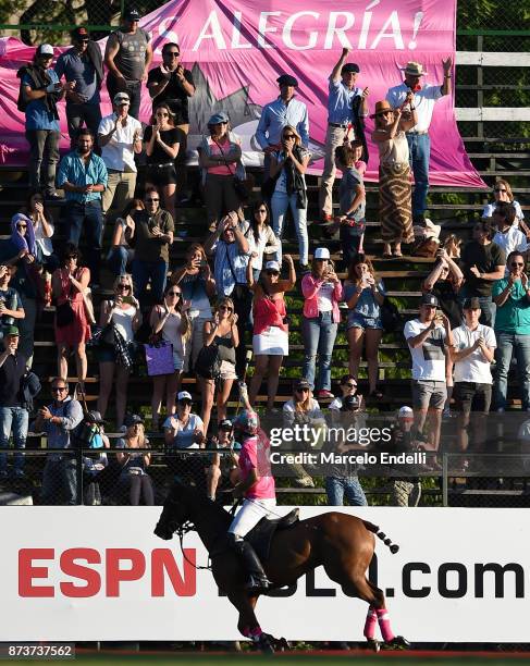 Guillermo Caset of Alegria celebrates with fans after winning a match between Alegria and Cria Yatay as part of the HSBC 124 Argentina Polo Open at...