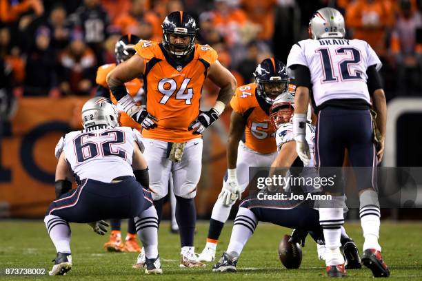 Domata Peko of the Denver Broncos waiting for the play to be called during the second quarter on Sunday, November 12, 2017. The Denver Broncos hosted...