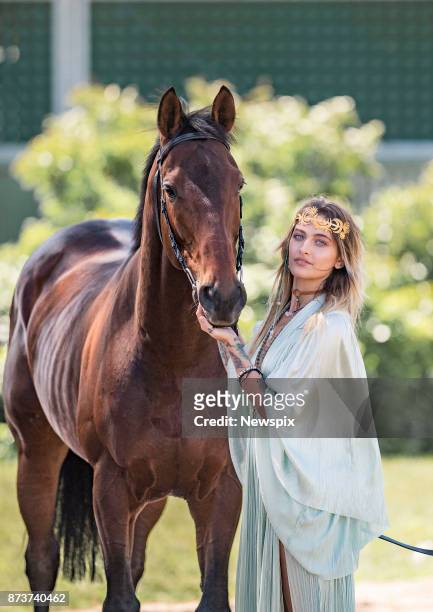 Paris Jackson poses with 2017 Melbourne Cup runner 'Marmelo' during a media call in Melbourne, Victoria.