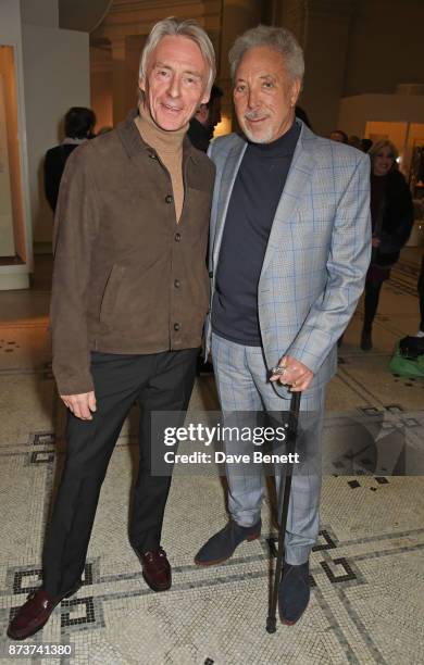 Paul Weller and Sir Tom Jones attend the unveiling of "The Adoration Trilogy: Searching For Apollo" by Alistair Morrison, hosted by Roger Daltrey to...