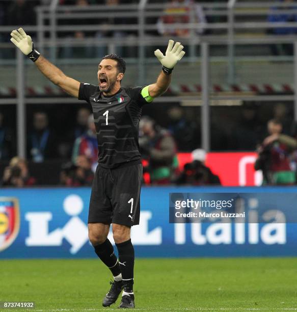 Gianluigi Buffon of Italy gestures during the FIFA 2018 World Cup Qualifier Play-Off: Second Leg between Italy and Sweden at San Siro Stadium on...