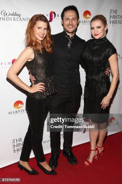 Julie McNiven, Jake Helgren and Katherine Bailess attend the Premiere Of MarVista Entertainment's 'Wedding Wonderland' on November 12, 2017 in Los...