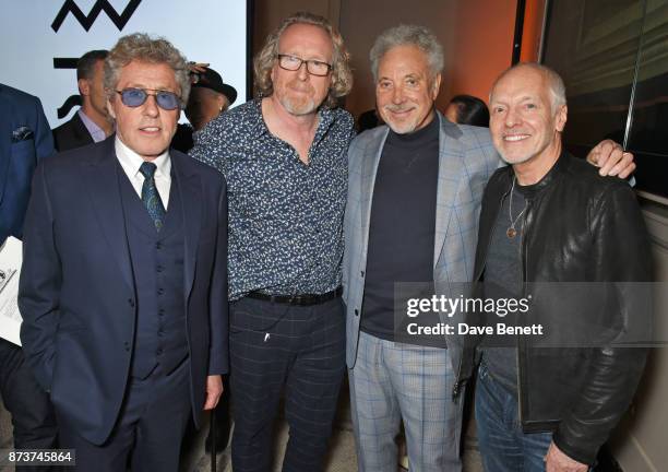 Roger Daltrey, Alistair Morrison, Sir Tom Jones and Peter Frampton attend the unveiling of "The Adoration Trilogy: Searching For Apollo" by Alistair...