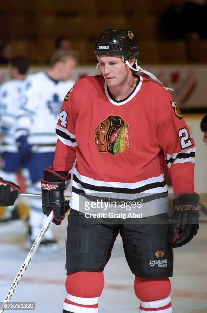 Bob Probert of the Chicago Black Hawks skates against the Toronto Maple Leafs on January 24, 1996 at Maple Leaf Gardens in Toronto, Ontario, Canada.