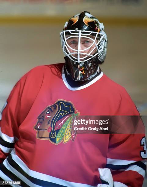 Ed Belfour of the Chicago Black Hawks skates against the Toronto Maple Leafs during NHL game action on December 20, 1995 at Maple Leaf Gardens in...