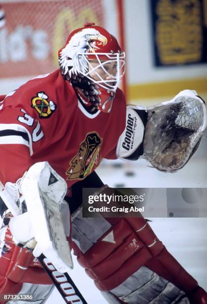 Ed Belfour of the Chicago Black Hawks skates against the Toronto Maple Leafs during NHL game action on December 20, 1995 at Maple Leaf Gardens in...