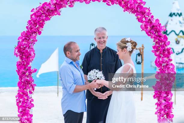Erdogan Atalay and Katja Ohneck during their symbolic wedding ceremony at hotel Jumeirah Vittaveli Maldives on December 28, 2016 on South Male Atoll,...