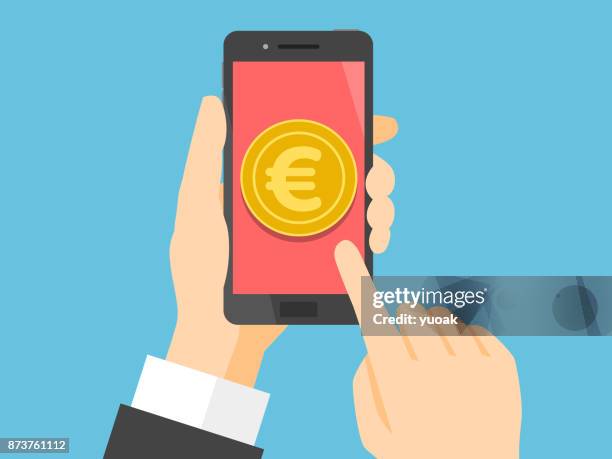 stockillustraties, clipart, cartoons en iconen met smartphone met euro tentoongesteld - presentatie