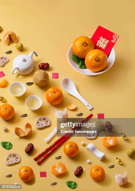 chinese new year food and drink still life. - lunar new year cup 2017 stock-fotos und bilder