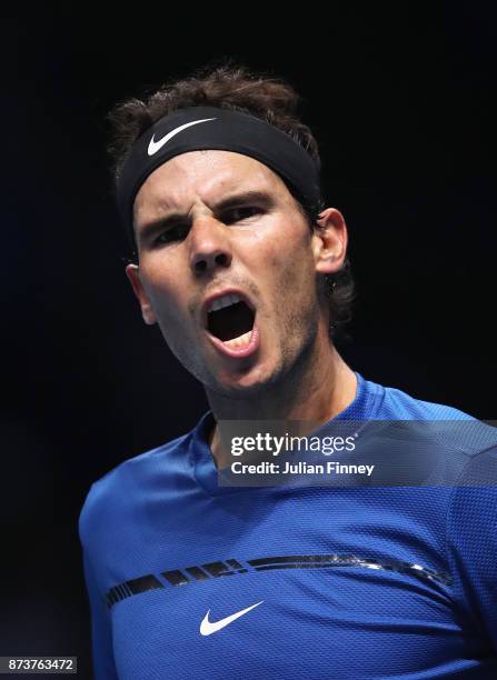 Rafael Nadal of Spain celebrates a point in his Singles match against David Goffin of Belgium during day two of the Nitto ATP World Tour Finals at O2...