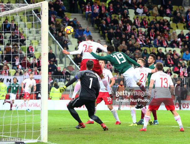 Wojciech Szczesny, Jaroslaw Jach and Andres Guardado during the international friendly soccer match between Poland and Mexico at the Energa Stadium...