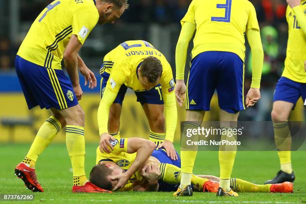 World Cup Qualifiers play-off Switzerland v Northern Ireland Jakob Johansson of Sweden suffering a knee injury at San Siro Stadium in Milan, Italy on...
