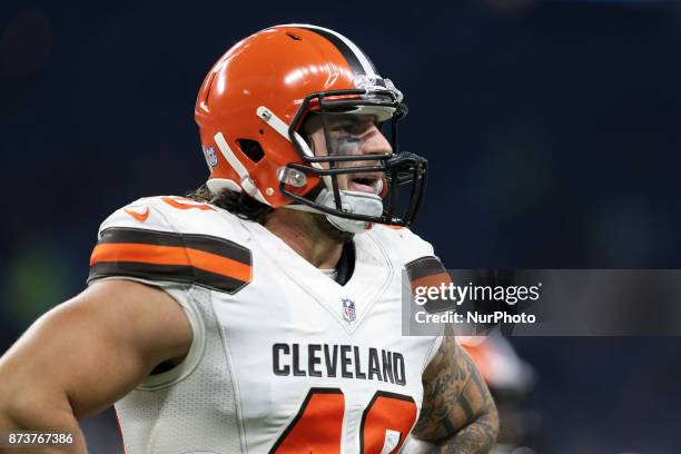 Cleveland Browns fullback Danny Vitale is seen on the sidelines during the first half of an NFL football game against the Detroit Lions in Detroit,...