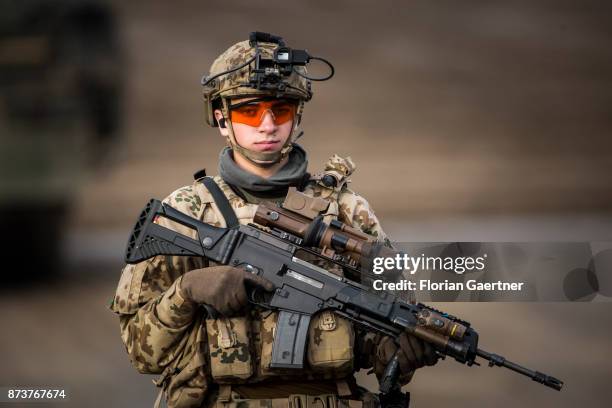 Soldier with equipment 'Infantryman of the future - extended system . Shot during an exercise of the land forces on October 13, 2017 in Munster,...