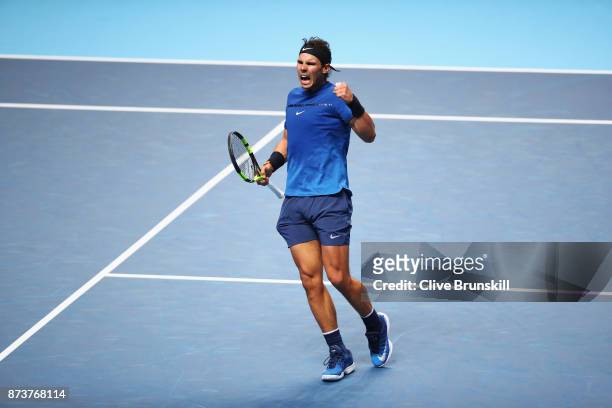 Rafael Nadal of Spain celebrates a point in his Singles match against David Goffin of Belgium during day two of the Nitto ATP World Tour Finals at O2...