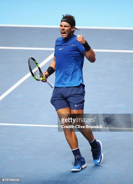 Rafael Nadal of Spain celebrates a point in his Singles match against David Goffin of Belgium during day two of the Nitto ATP World Tour Finals at O2...