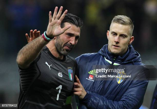 Gianluigi Buffon of Italy cries after loosing at the end of the FIFA 2018 World Cup Qualifier Play-Off: Second Leg between Italy and Sweden at San...