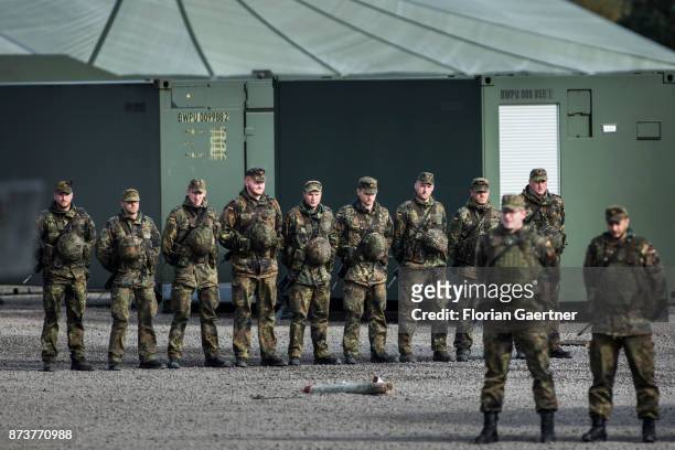 Group of soldiers stands in a row. Shot during an exercise of the land forces on October 13, 2017 in Munster, Germany.