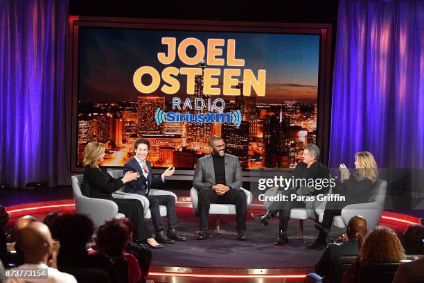 Victoria Osteen, Joel Osteen, Tyler Perry, Matt Crouch, and Laurie Crouch onstage during a SiriusXM 'Town Hall' event hosted by Joel & Victoria...