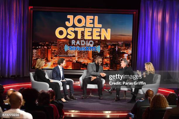 Victoria Osteen, Joel Osteen, Tyler Perry, Matt Crouch, and Laurie Crouch onstage during a SiriusXM 'Town Hall' event hosted by Joel & Victoria...