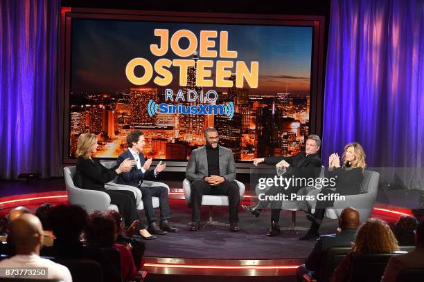 Victoria Osteen, Joel Osteen, Tyler Perry, Matt Crouch, and Laurie Crouch onstage during a SiriusXM 'Town Hall' event hosted by Joel & Victoria...