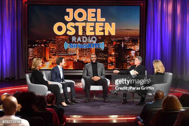 Victoria Osteen, Joel Osteen, Tyler Perry, Matt Crouch, and Laurie Crouch onstage during a SiriusXM 'Town Hall' event hosted by Joel & Victoria...