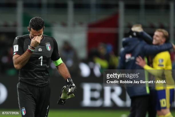 An emotional Gianluigi Buffon of Italy at full time during the FIFA 2018 World Cup Qualifier Play-Off: Second Leg between Italy and Sweden at San...