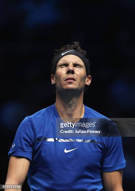 Rafael Nadal of Spain reacts in his Singles match against David Goffin of Belgium during day two of the Nitto ATP World Tour Finals at O2 Arena on...