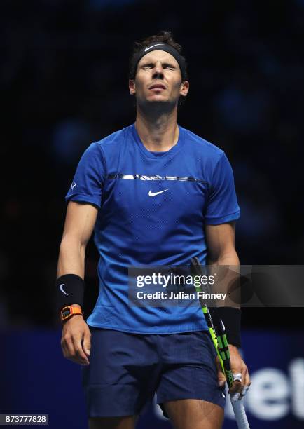 Rafael Nadal of Spain reacts in his Singles match against David Goffin of Belgium during day two of the Nitto ATP World Tour Finals at O2 Arena on...