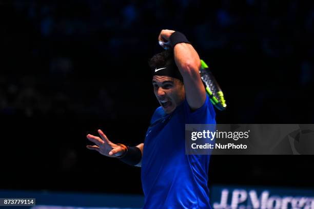 Spain's Rafael Nadal returns against Belgium's David Goffin during their singles match on day two of the ATP World Tour Finals tennis tournament at...