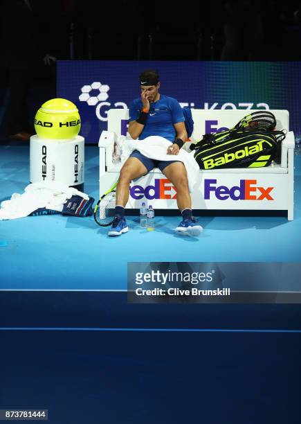Rafael Nadal of Spain looks dejected in his Singles match against David Goffin of Belgium during day two of the Nitto ATP World Tour Finals at O2...