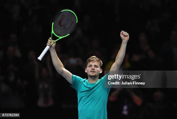 David Goffin of Belgium celebrates victory in his Singles match against Rafael Nadal of Spain during day two of the Nitto ATP World Tour Finals at O2...