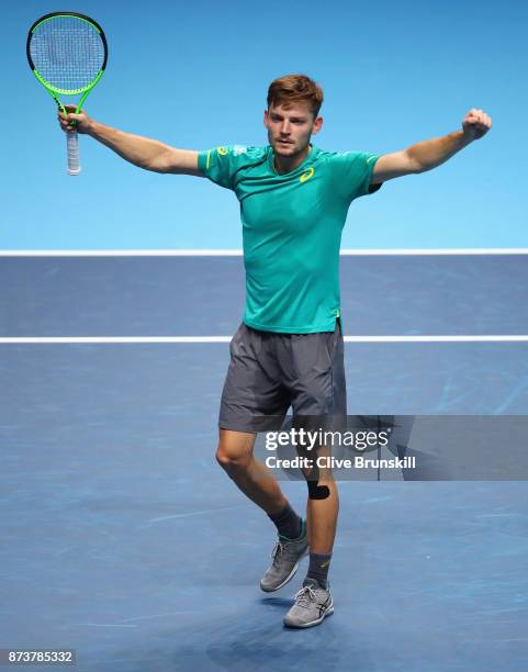 David Goffin of Belgium celebrates victory in his Singles match against Rafael Nadal of Spain during day two of the Nitto ATP World Tour Finals at O2...