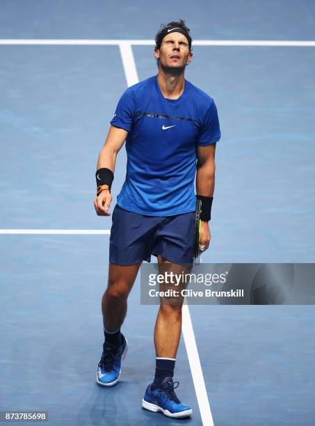 Rafael Nadal of Spain reacts in his Singles match against David Goffin of Belgium during day two of the Nitto ATP World Tour Finals at O2 Arena on...
